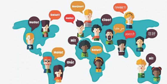 A cartoon map of the world with cartoon character heads dotted around different countries with speech bubbles all saying 'Hello' in their own language