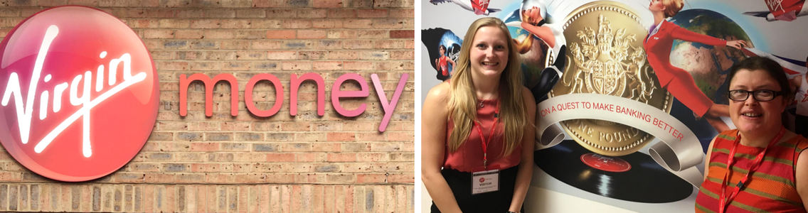 A banner with the Virgin Money bank logo on the left and on the right is a picture of DB and Vick from Virgin Money with a wall collage with images of Virgin's services