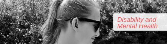 Black and white banner of a side profile of me wearing hearing aids and sunglasses with a bush in the background