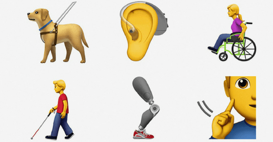 6 graphics of potential disability emojis. Top left an assistance dog, top middle- a hearing aid on an ear, top right - a girl in a wheelchair, bottom left- a man using a cane, bottom middle, a prosthetic leg, bottom right a boy brushing his finger on his cheek