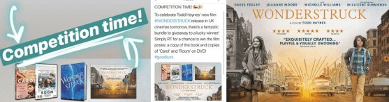 Competition Banner, left says 'Competition Time' with the prizes below it, in the middle is my tweet, on the right is the film poster