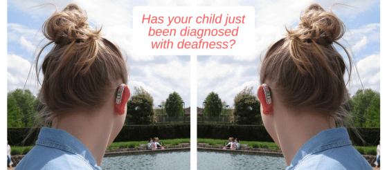 Two photos in one banner, same photo but mirrors the other. With my hearing aid on show from behind of me looking over a lake to children playing with their parents. Wearing a light blue denim shirt.