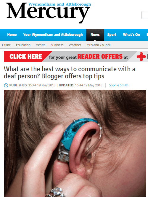 Screenshot of Wymondham and Attleborough Mercury newspaper website with my article and a photo of a side profile of my hearing aid.