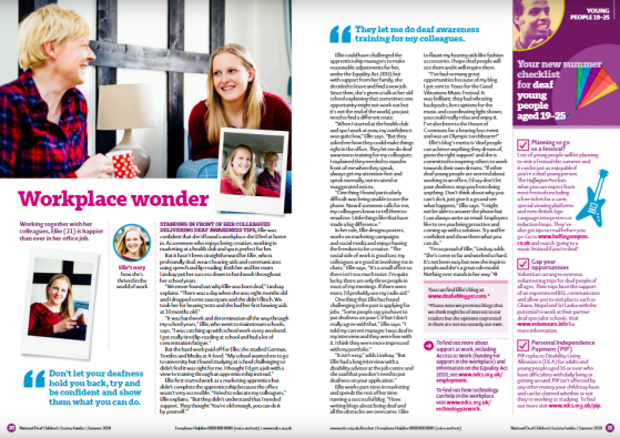 A screenshot of a double page spread in NDCS Families Magazine about my life and it's titled 'Workplace Wonder'