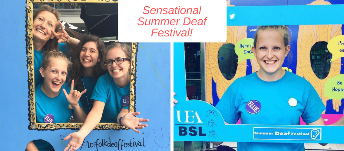 On the left is a selfie photo frame with 4 committee members including myself posing and smiling and doing the ILY handshape. on the right is myself with a selfie photo frame smiling wearing blue tshirts.