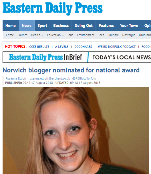 Screenshot of EDP webpage featuring my article 'Norwich blogger nominated for national award' and underneath is a picture of me smiling