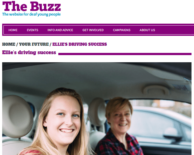 Screenshot of NDCS Buzz Website featuring a picture of myself and Mum in my car