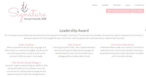 Webpage screenshot of Signature Annual Award Shortlist for the Leadership Award Category