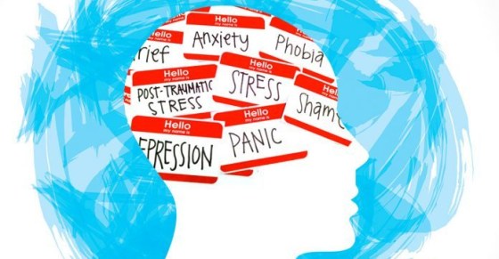 A white illustration of a side portrait of someone's head with a blue messy background. In the brain side of the head it says anxiety, phobia, PTSD, stress, etc