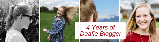 Collage of four photos; left to right - black and white side portrait of teenage me with hair in ponytail and sunglasses on, secondly; me smiling with hair flying in the wind wearing blue chequered shirt, third; back of my hearing aids on my ears with the alps in the background, fourth and right; me smiling looking at camera blonde hair wearing red top