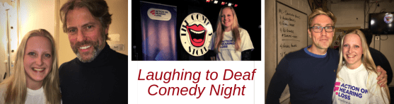 Three photos, left is me with John Bishop smiling, John is wearing a black turtleneck jumper. Middle is me on stage with the Comedy Store logo in background and Action on Hearing Loss pull up banner. Right is me with Russell Howard Smiling. Russell is wearing a blue jumoer and me a white tshirt with AOHL logo on